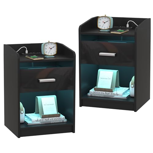 PIPIPOXER Nachttisch 2er Set Mit Steckdose & USB, LED-Beleuchtung, 1 Schublade, Schwarz Hochglanz, 16 Farben, Modern, Beistelltisch PIPIPOXER Nachttisch 2er Set Mit Steckdose & USB, LED-Beleuchtung, 1 Schublade, Schwarz Hochglanz, 16 Farben, Modern, Beistelltisch von PIPIPOXER