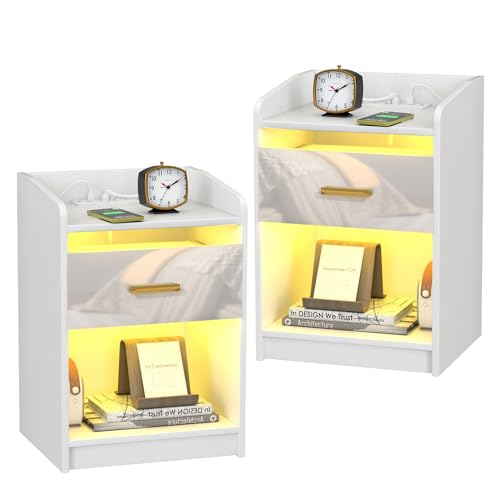 PIPIPOXER Nachttisch 2er Set Mit Steckdose & USB, LED-Beleuchtung 16 Farben, 1 Schublade, Weiß Hochglanz, Modern, Beistelltisch PIPIPOXER Nachttisch 2er Set Mit Steckdose & USB, LED-Beleuchtung 16 Farben, 1 Schublade, Weiß Hochglanz, Modern, Beistelltisch von PIPIPOXER