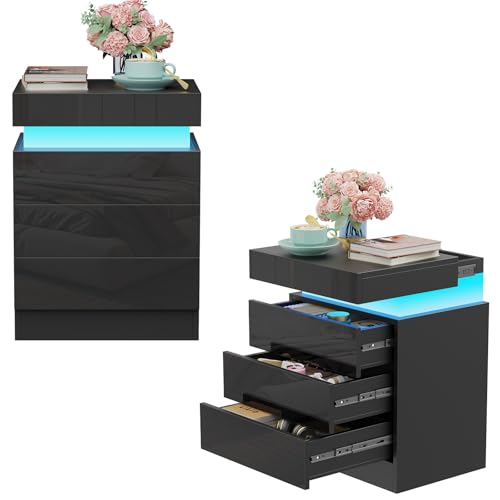 PIPIPOXER Nachttisch 2er Set mit LED, Hochglanz Nachtschrank mit 3 Schubladen und Versteckte Obere Schublade, Beistelltisch Sofatisch für Wohnzimmer, Schlafzimmer, Arbeitszimmer, 40x35x61cm, Schwarz von PIPIPOXER