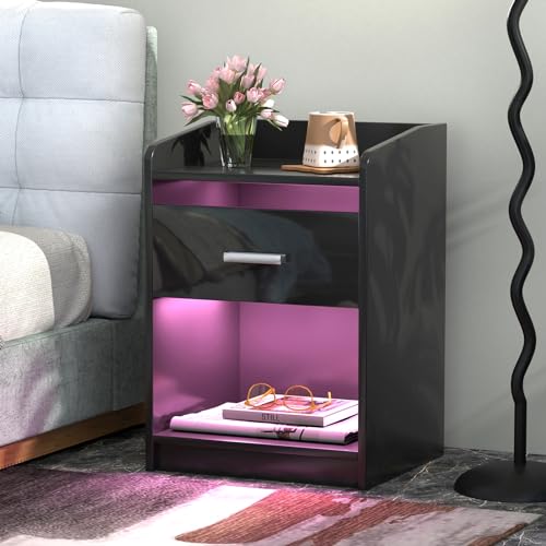 PIPIPOXER Nachttisch LED mit 1 Schubladen, Nachttisch Schwarz Hochglanz Nachtschrank LED-Beleuchtung 16 Farbe, Sofatisch 1 Schubladen, Modern, Beistelltisch für Schlafzimmer, Wohnzimmer, 40x35x58cm von PIPIPOXER