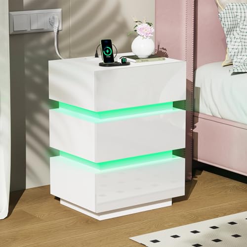 PIPIPOXER Nachttisch LED mit Steckdose & USB, Nachttisch Weiß Hochglanz mit 3 Schubladen, Nachtschrank LED mit 16 Farbe RGB Licht, Nachtschrank Tisch, Beistelltisch für Wohnzimmer, 45x35x61cm von PIPIPOXER