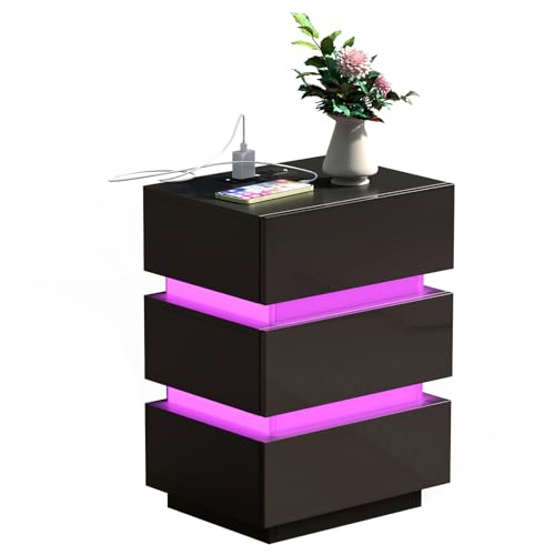 PIPIPOXER Nachttisch LED mit Steckdose & USB, Nachtschrank Schwarz Hochglanz Nachtkommode 3 Schubladen mit Led 16 Farben Beleuchtung für Wohnzimmer, Schlafzimmer, 45x35x61cm von PIPIPOXER