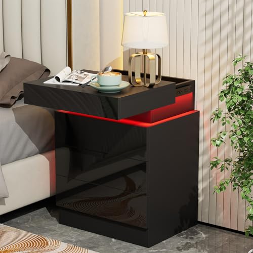 PIPIPOXER Nachttisch Schwarz mit LED, Hochglanz Nachtschrank mit 3 Schubladen und Versteckte Obere Schublade, Beistelltisch Sofatisch für Wohnzimmer, Schlafzimmer, Arbeitszimmer, 40x35x61cm, Schwarz von PIPIPOXER