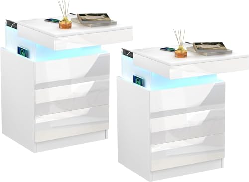 PIPIPOXER Nachttisch Weiß 2er Set, Nachtschrank mit Led Licht und Steckdose USB, Nachtkommode mit 3 Schubladen und Versteckte Led 16 Farben Beleuchtung für Wohnzimmer, 45x40x67cm von PIPIPOXER