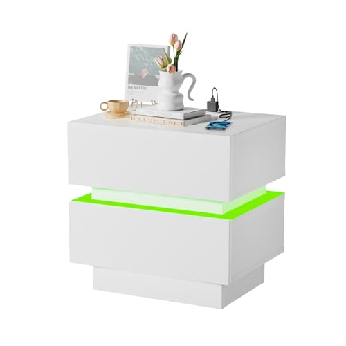 PIPIPOXER Nachttisch LED mit Ladefunktion, Nachttisch Weiß mit 2 Schubladen, 45x35x47cm, Nachtschrank Weiß Hochglanz Nachtkommode 2 Schubladen Beistelltisch für Wohnzimmer, Schlafzimmer von PIPIPOXER