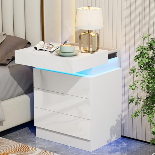 PIPIPOXER Nachttisch Weiß mit LED, Hochglanz Nachtschrank mit 3 Schubladen und Versteckte Obere Schublade, Beistelltisch Sofatisch für Wohnzimmer, Schlafzimmer, Arbeitszimmer, 40x35x61cm, Weiß von PIPIPOXER