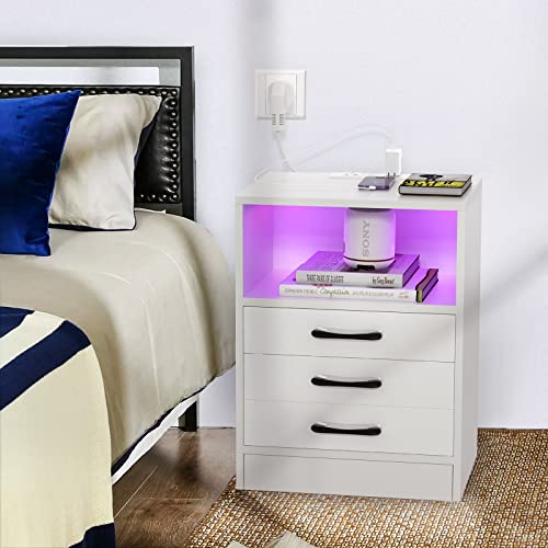 PIPIPOXER Nachttisch Weiß mit Steckdose & USB, Nachttisch LED Nachtschrank LED Hochglanz Nachtkommode mit 3 Schubladen mit Led 16 Farben Beleuchtung Beistelltisch für Schlafzimmer, 45x60x35cm von PIPIPOXER