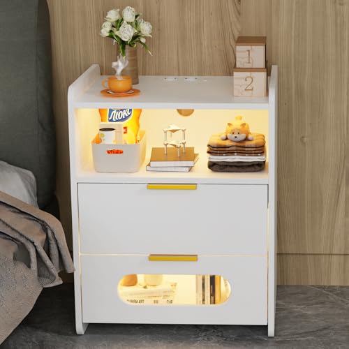 PIPIPOXER Nachttisch Weiß mit Steckdose & USB, Nachttisch LED mit 2 Led Licht mit 2 Schubladen, Offenes Fach, Beistelltisch mit Ladestation, Nachtschrank für Wohnzimmer, Schlafzimmer, 50x40x64cm von PIPIPOXER