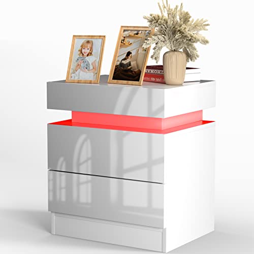 PIPIPOXER Nachttisch mit LED Beleuchtung, Beistelltisch in weiß mit großen Stauraum,Nachttische aus Holz mit 2 Schubladen Nachtschrank für Wohnzimmer,Schlafzimmer,Bett Weiß 45x35x52cm von PIPIPOXER