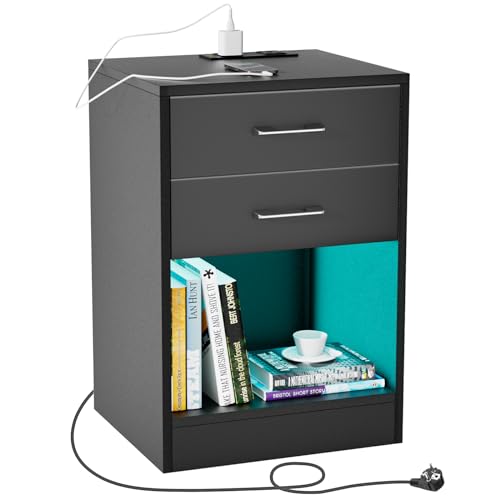 PIPIPOXER Nachttisch Schwarz mit Steckdose & USB, Nachtkommode mit 2 Schubladen Nachschrank für Wohnzimmer, Schlafzimmer 40x35x60cm Schwarz von PIPIPOXER
