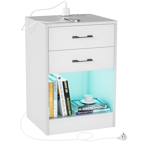 PIPIPOXER Nachttisch mit Steckdose & USB, Nachttisch LED mit 2 Schubladen Nachschrank für Wohnzimmer,Schlafzimmer Bett 40x35x60cm Weiß von PIPIPOXER