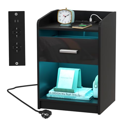PIPIPOXER Nachttisch mit Steckdose & USB, LED Nachttisch mit 1 Schubladen, 2 AC-Steckdosen, 2 USB-Anschlüsse, Nachttisch Schwarz Hochglanz, Nachtschrank LED-Beleuchtung 16 Farbe, Modern, Beistelltisch von PIPIPOXER