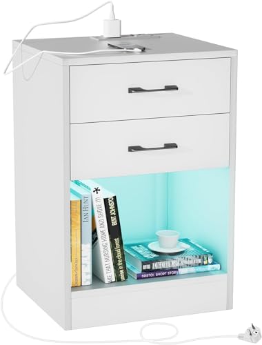 PIPIPOXER Nachttisch mit Steckdose& USB, Moderner Nachtschrank mit Led, Nachtkommode mit 2 Schubladen für Schlafzimmer Weiß, 40x35x60cm von PIPIPOXER