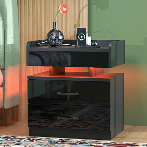 PIPIPOXER Nachttisch mit Steckdose & USB, Nachtschrank Hochglanz Nachtkommode 2 Schubladen mit Led 16 Farben Beleuchtung Beistelltisch für Wohnzimmer, Schlafzimmer, 45x35x52cm,Schwarz von PIPIPOXER