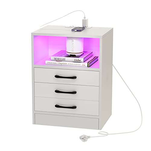 PIPIPOXER Nachttisch mit Steckdose & USB, Nachttisch Weiß, Nachtschrank Hochglanz Nachtkommode 3 Schubladen mit Led 16 Farben Beleuchtung Beistelltisch für Wohnzimmer, Schlafzimmer, 45x60x35 cm von PIPIPOXER