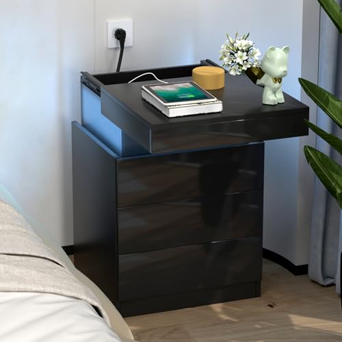 PIPIPOXER Nachttisch mit Steckdose & USB, Nachttisch Schwarz mit LED Nachtkommode mit 3 Schubladen und Hochglanz Nachtschrank Tisch, Led 16 Farben Beleuchtung für Wohnzimmer, 45x40x67cm von PIPIPOXER