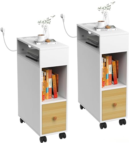 PIPIPOXER Nachttisch schmal mit Rollen, kleiner Nachttisch, Eichenfarben, mit 1 Schublade, USB-Anschluss und Steckdose, geeignet für Nachttische im Wohnzimmer und Schlafzimmer (2 Stück) von PIPIPOXER