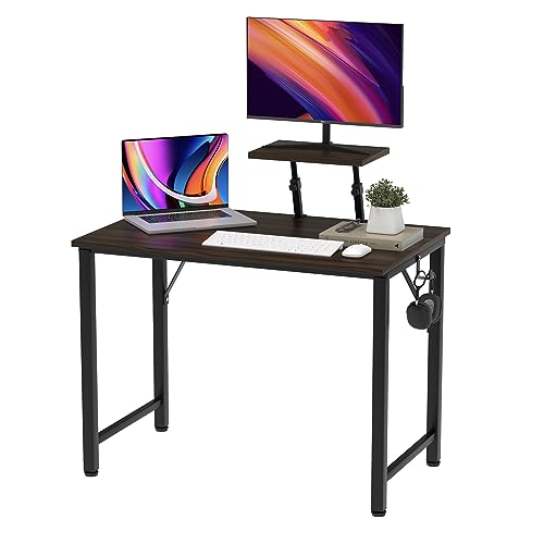 PIPIPOXER Schreibtisch mit Monitorablage und Kopfhörerhaken, PC Tisch Computertisch 80x40x75-91cm, Bürotisch Computer Holz Officetisch fürs Home, Stabil Laptop-Tisch Arbeitstisch, Schwarz+Braun von PIPIPOXER