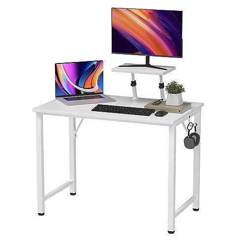 PIPIPOXER Schreibtisch mit Monitorablage und Kopfhörerhaken, PC Tisch Computertisch 80x40x75-91cm, Bürotisch Computer Schreibtisch Holz Officetisch fürs Home,Stabil Laptop-Tisch Arbeitstisch,Weiß von PIPIPOXER