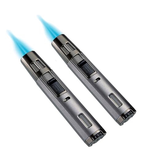 PIPITA 2 Pack Winddichtes Langes Feuerzeug Nachfüllbares Taschenlampe Aufblasbares Butangas Feuerzeug Für Grill 2 Jet Flammen Feuerzeug (ohne Gas) von PIPITA