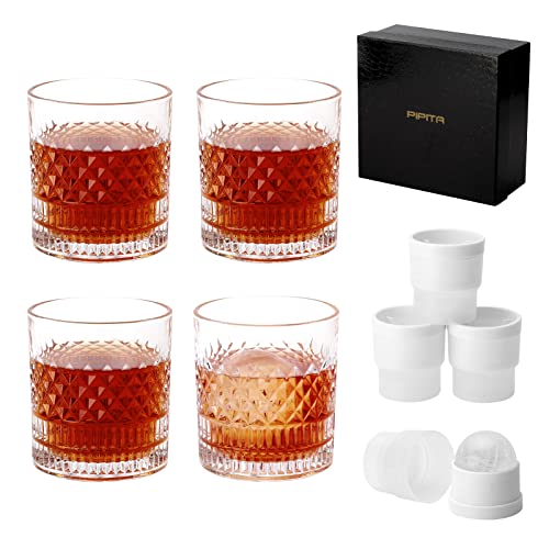 PIPITA Kristall Whiskyglas Set mit 4 Eiskugelformen und einer Luxusbox, bleifreier Whisky Tumbler Kristall 335 ml, altmodisches Whiskyglas Geschenkset für Männer von PIPITA