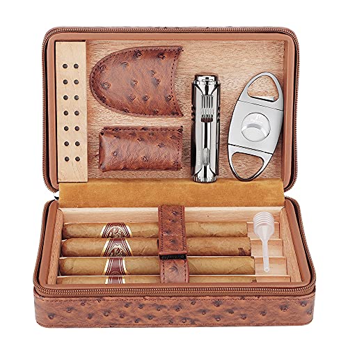 PIPITA Tragbarer Reise-Humidore,Eleganter Zigarren Humidore aus Leder mit Zedernholz-Auskleidung für 4 Zigarren mit Luftbefeuchter, Zigarrenanzünder und Zigarrenschneider (Enthält keine Zigarre) von PIPITA