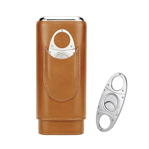 PIPITA Zigarrenetui Portable Travel 3 Tubes Eleganter Zigarren Humidore aus Leder mit High-End-Edelstahl-Zigarrenschneider Tragbare Geschenktüte (Braun) von PIPITA