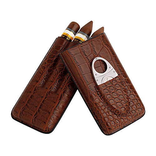 PIPITA Zigarrenetui aus Leder, 3 Tubes Zigarren Humidore aus Krokodile Getreide Leder Zigarrenschneider aus Edelstahl inkl.Tragbare Reise-Zigarrentasche Zigarren Etui (Braun für 3 Zigarren) von PIPITA