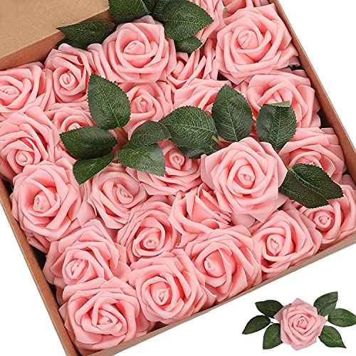 PIQIUQIU 25 Stück Künstliche Blumen Rosen Kunstblumen Rosenköpfe Gefälschte für Geburtstagsdeko, Hochzeitsdeko, Party Deko (Hellrosa) von PIQIUQIU