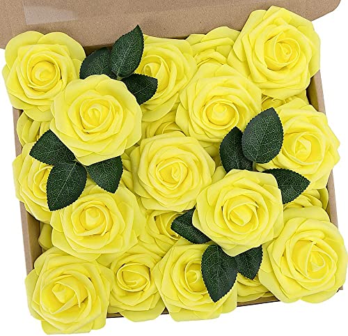 PIQIUQIU 25 Stück Künstliche Blumen Rosen Kunstblumen Rosenköpfe Gefälschte für Geburtstagsdeko, Hochzeitsdeko, Party Deko (gelb) von PIQIUQIU
