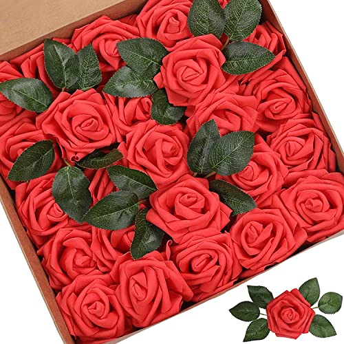 PIQIUQIU 25 Stück Künstliche Blumen Rosen Kunstblumen Rosenköpfe Gefälschte für Geburtstagsdeko, Hochzeitsdeko, Party Deko (rosarot) von PIQIUQIU
