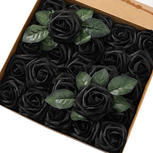 PIQIUQIU 25 Stück Künstliche Blumen Rosen Kunstblumen Rosenköpfe Gefälschte für Geburtstagsdeko, Hochzeitsdeko, Party Deko (schwarz) von PIQIUQIU