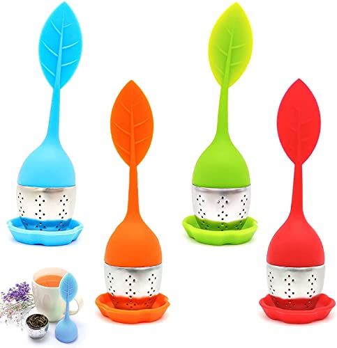4 Stück Tee-Ei aus rostfreiem Edelstahl und Silikon - Teesieb mit Deckel und Untersetzer - Teekugel - feiner Teefilter für Teeliebhaber (Farbe zufällig) von PIQIUQIU