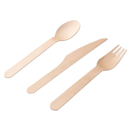 Einwegbesteck Holzbesteck Set, Holzbesteck 150 Stück (50 Holzmesser, 50 Holzgabeln, 50 Holzlöffel) von PIQIUQIU