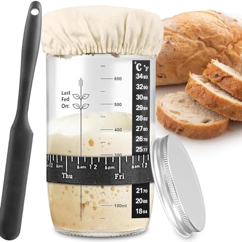 PIQIUQIU Sauerteig-Starterglas 24oz/680ml, Glas-Sauerteig-Starter-Kit mit Dattel-Fütterungsband, Thermometer, deckel, Silikonspatel,wiederverwendbares Sauerteig-Brot-Backzubehör von PIQIUQIU