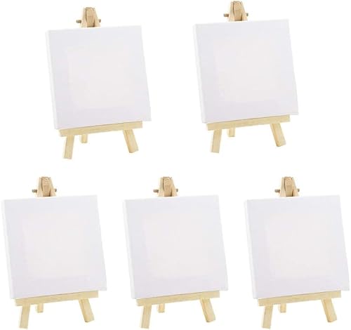 PIQIUQIU Tischstaffelei Holz Leinwand Ständer Set (5 STK) – 10x10cm Leinwand mit 15 x 8 cm Mini Staffelei, Staffelei Holz von PIQIUQIU