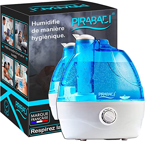 Luftbefeuchter, frisch, Wassertank mit 2.2 l, Ultraschall-Luftbefeuchter, leiser und einstellbarer Luftbefeuchter, für Schlafzimmer oder große Teile, automatische Abschaltung, französische Marke von PIRABADI