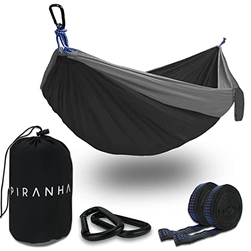 PIRANHA Hängematte Outdoor | 300kg Traglast | Doppelhängematte mit Befestigungs-Set | Nylon Camping Reisehängematte | 290x140cm I Tolles Geschenk von PIRANHA