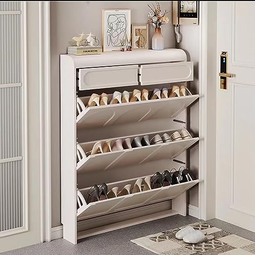 PIRFE Schuhschrank Mit 3 Klappen Schuhregal Mit Schublade Schmal Schuhkommode Mit 3 Kippfächern Platzsparend, Schuhkipper Praktische Schuhkommode Weiss Eingangshaus (Size : 50 * 24 * 126cm) von PIRFE