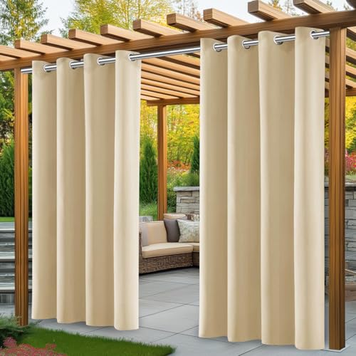 PITMT Outdoor Vorhang Wetterfest, 2er Stück Set Outdoor Vorhänge Wasserdicht mit Ösen Oben, Sonnenschutz Sichtschutz outdoorvorhänge für GardinenTerrasse Balkon Pavillon pergola(132 * 215cm, Beige) von PITMT