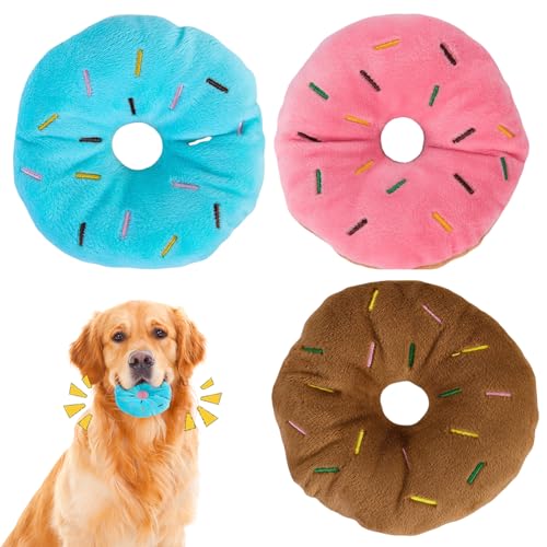 PIUpiuLIANG 3pcs Hundekauenspielzeug, niedliche gefüllte Donut-geformte, quietschende Hundespielzeug 4-5 BITE-Resistent Plüsch Interaktiv zum Training und Reinigen von Zähnen von PIUpiuLIANG