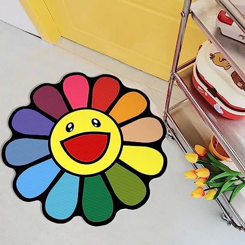PIWINE Teppich mit Smiley-Gesicht, Blumenmuster und Regenbogenfarben, langlebig und rutschfest, mehrere Größenoptionen, geeignet für Heimdekoration und Bürogebrauch von PIWINE