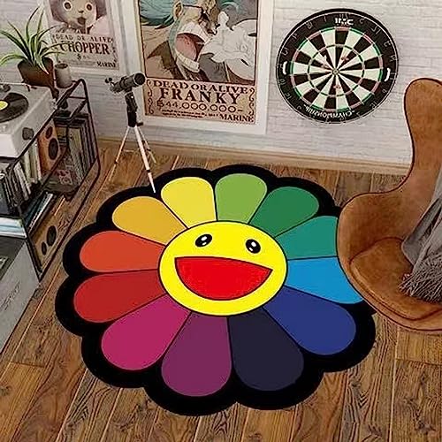 PIWINE Teppich mit Smiley-Gesicht, Blumenmuster und Regenbogenfarben, langlebig und rutschfest, mehrere Größenoptionen, geeignet für Heimdekoration und Bürogebrauch von PIWINE