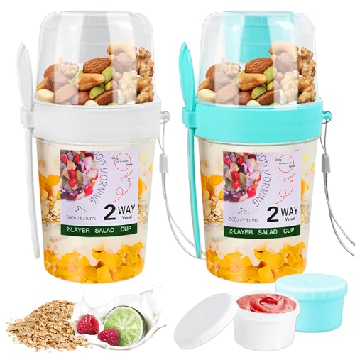 PIWOSGOL 2 Stück MüSlibecher to go mit löffel, 560ml+310ml Jogurtbecher für Unterwegs mit Dressing Behälter, 100% BPA FREI, 3 in 1 Auslaufsicherer Müsli to Go Becher für Arbeit, Schule, Reisen von PIWOSGOL