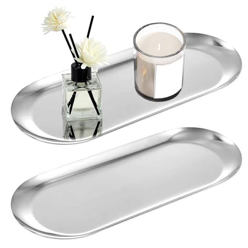 PIWOSGOL 2 Stück Silber Dekotablett, Deko Tablett Länglich, Kleines Tablett, Ablageschale, Edelstahl Spiegeltablett für Dessert Kosmetik Schmuck Kerzen von PIWOSGOL