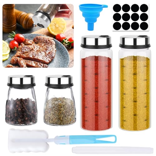 PIWOSGOL 4 Stück Gewürzgläser mit Drehdeckel, 300ml 180ml Borosilikatglas Gewürzstreuer, Gewürzdosen mit 3 Arten von Gewürzlöchern, Glas Gewürzbehälter, Praktische Gewürzdosen für die Küche von PIWOSGOL