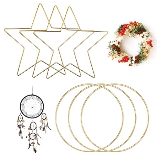 PIWOSGOL Metallringe zum Basteln 6 Stück 20 cm, Metallringe und Metallring Stern, Metallring Dekoringe Gold Sternringe, Metallringe Stern für DIY Basteln, Traumfänger, Kranz, Makramee, Wandbehänge von PIWOSGOL