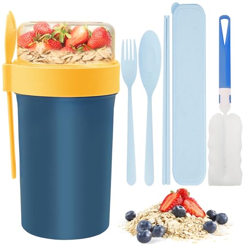 PIWOSGOL Müslibecher to Go 760ml+230ml, 5 Stück Joghurtbecher mit Löffel & Gabel Set, Auslaufsicherer Müsli Becher mit Klein Gewürzbox, Joghurt Becher Groß für Arbeit, Schule, Picknick, Reisen (Blau) von PIWOSGOL