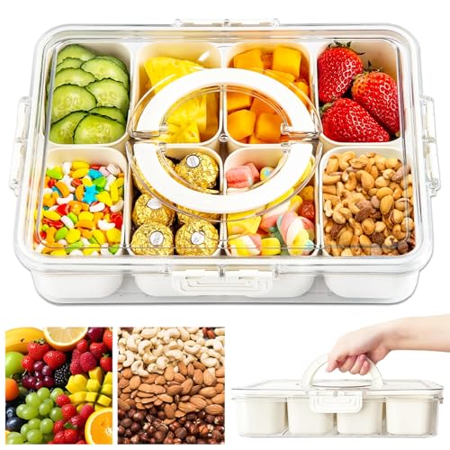 PIWOSGOL Snackbox Mit Fächern, Snackschale mit Deckel, Snackteller mit Deckel und Griff, Kunststoff Snackbox, Snackbox Organizer, snack box mit deckel für Snacks, Obst, Nüsse, Gewürz, Süßigkeiten von PIWOSGOL