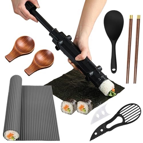 PIWOSGOL Sushi Maker Set, 8 Teilig DIY Sushi-Set zum Anfänger Selber Machen, Multifunktionale Sushis Making Kit Mit Bazooka, Maki Roller Formen, Soßenschale, Spatel und Stäbchen von PIWOSGOL